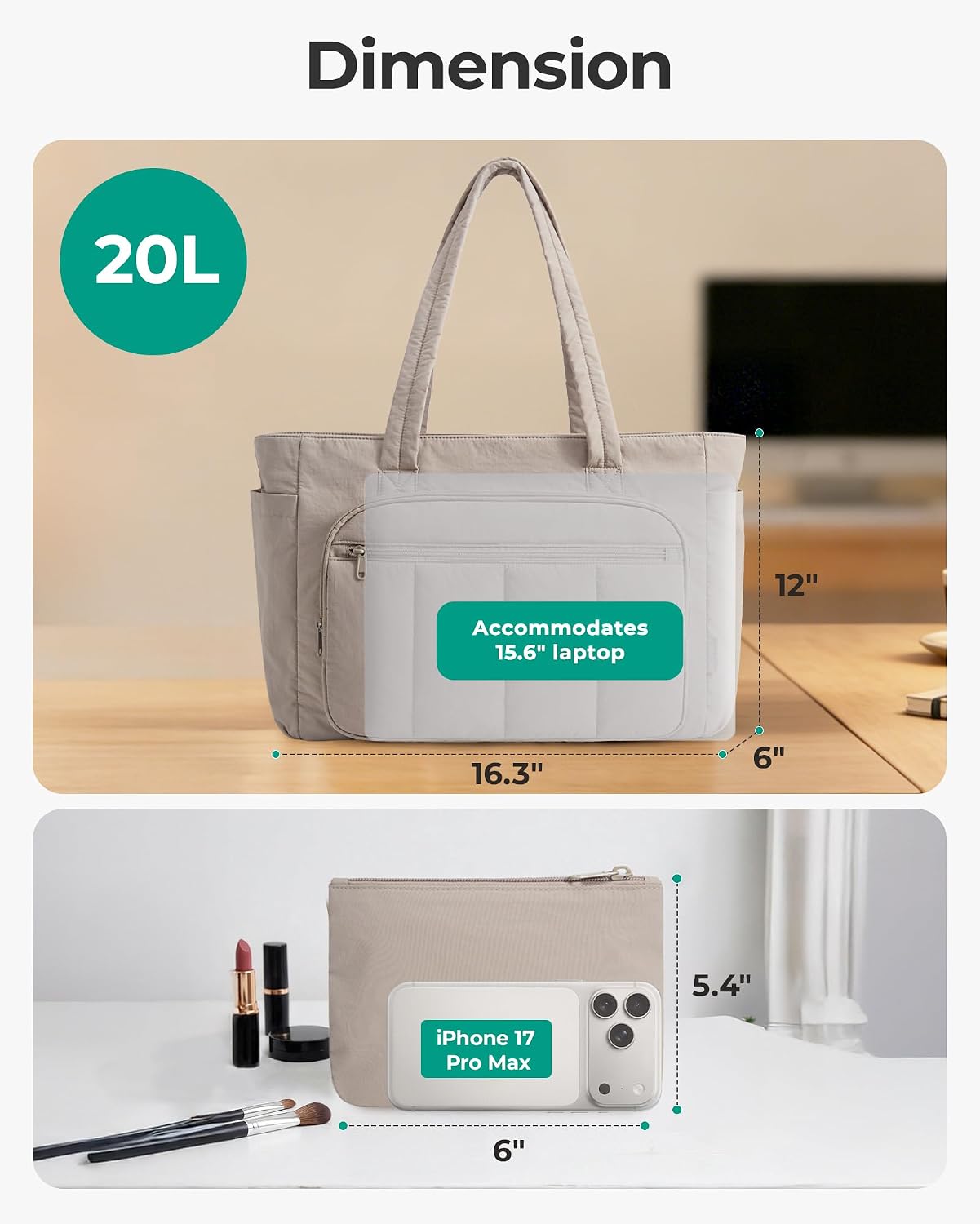 Thumbnail 2 de bagsmart 20L Zip Tote: 15.6 inch Laptop Sleeve, Puffer Nylon Work Bag for Nurse, Travel and More