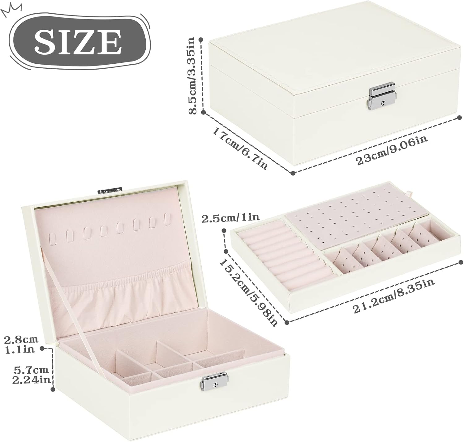 Detalle de Larkumio joyero organizador grande para mujer y niña con doble capa (PU) y llave, blanco