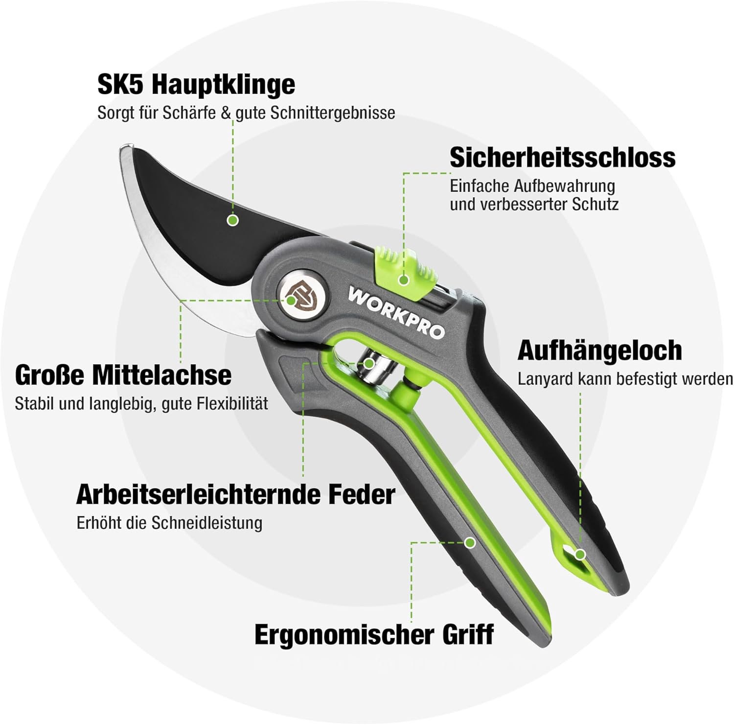 Detalle de WORKPRO Gartenschere Set 2-tlg. – Bypass-Astschere 210 mm und Ernteschere 160 mm für Gartenarbeit