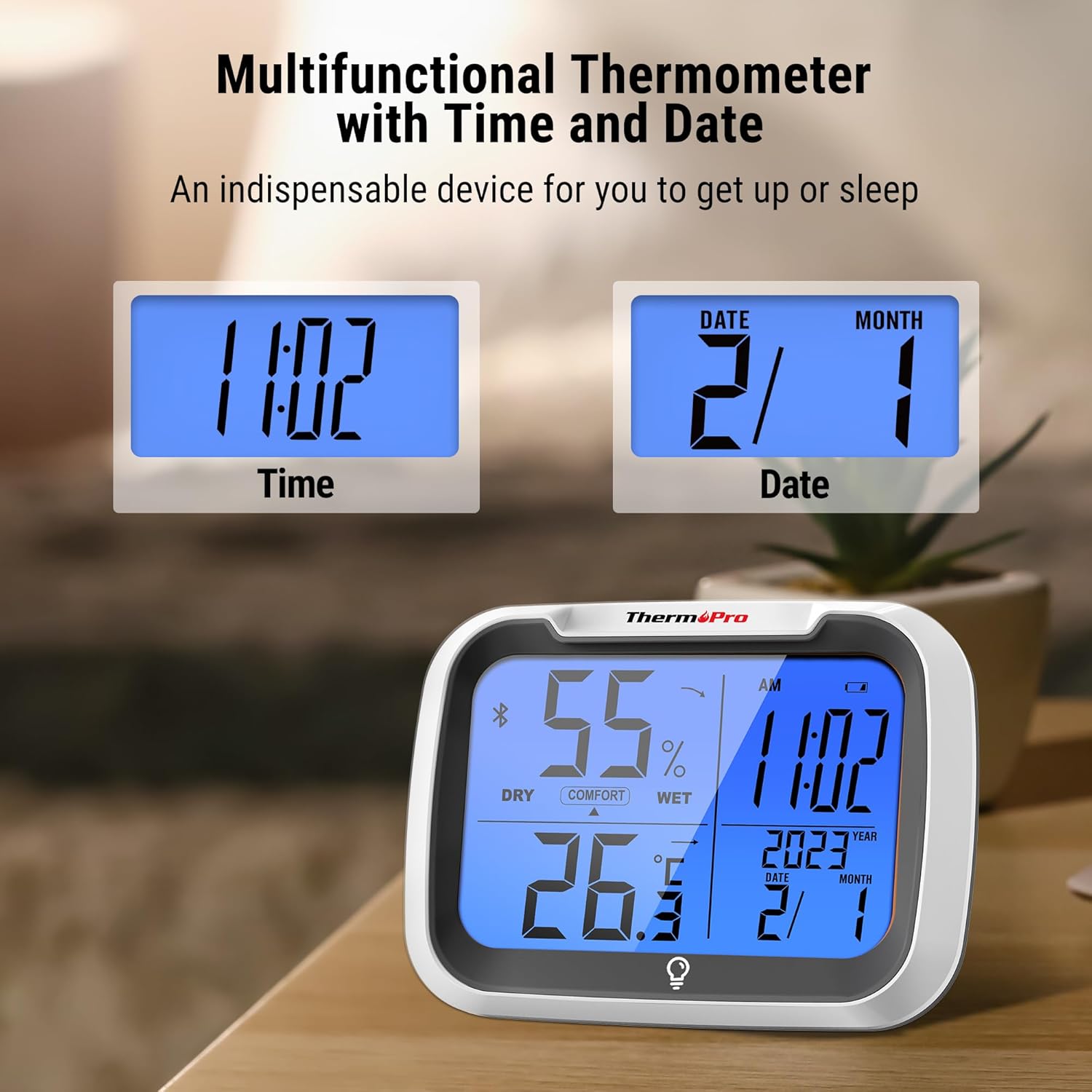 Detalle 2 de ThermoPro TP393B termometro ambiente digitale con igrometro, Bluetooth e orologio retroilluminato