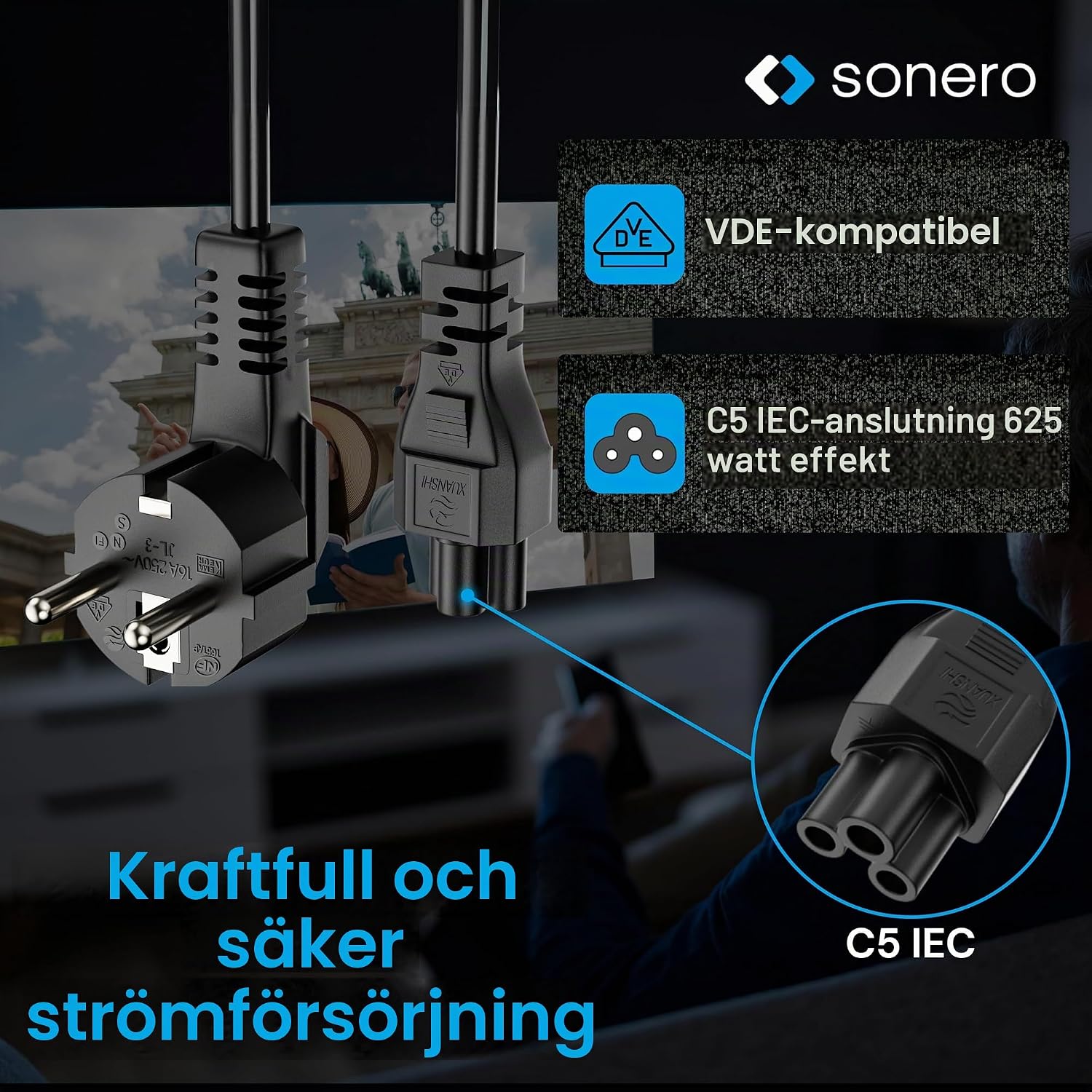 Detalle 2 de Sonero strömkabel Schuko till C5, 2,0 m med vinklad jordad kontakt