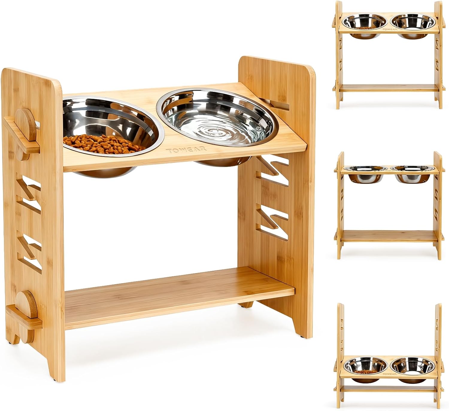 Detalle de Raised Dog Bowl: 6-Level Adjustable Bamboo Feeding Station with 2 Stainless Steel Bowls