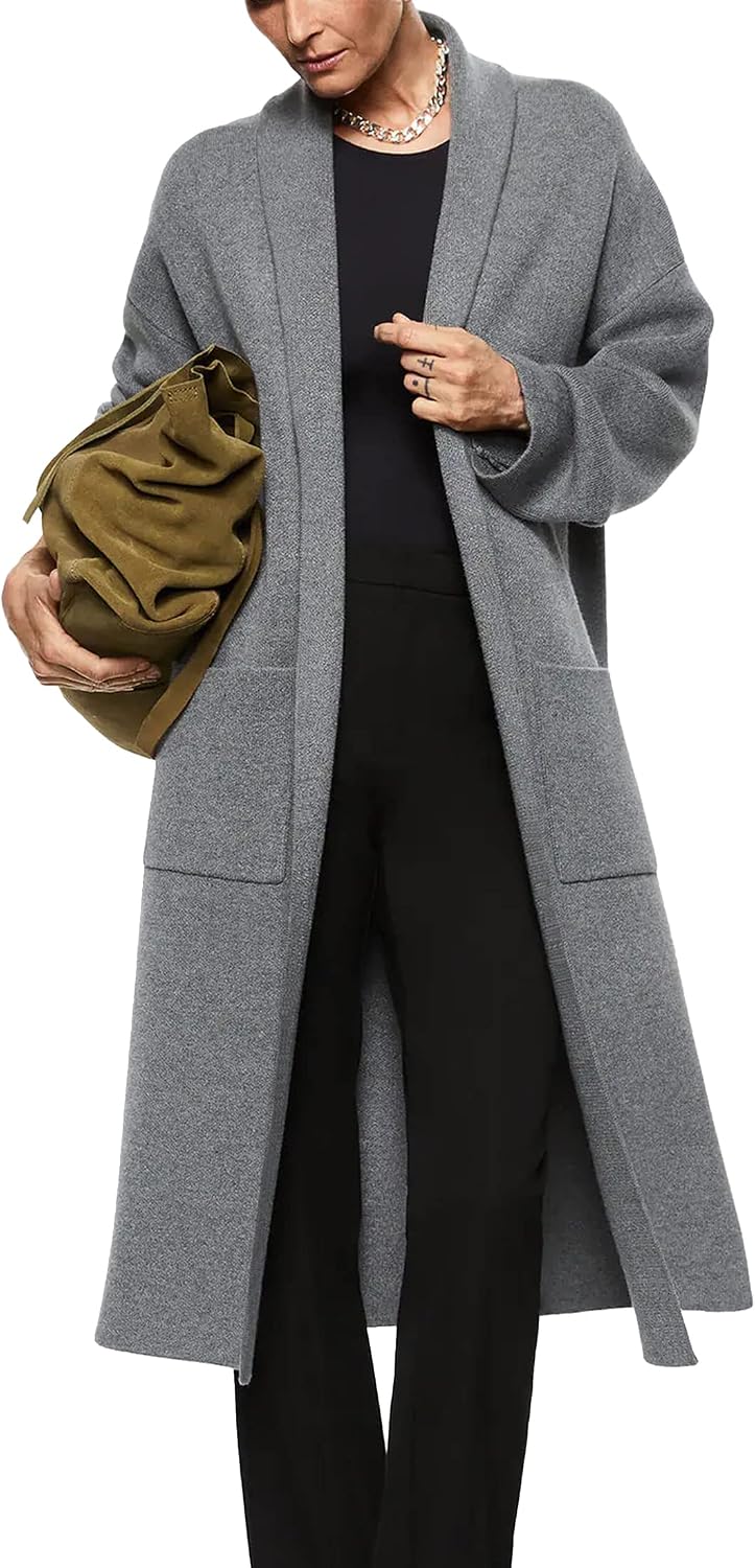 Detalle de Fazortev Women's Maxi Knit Cardigan, Oversized Open Front with Lapel and Pockets