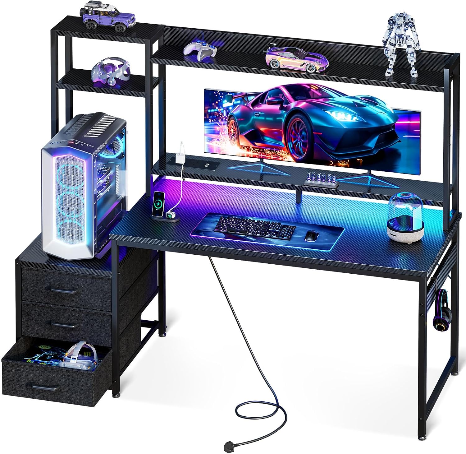 Detalle de Coleshome Gaming Desk with Drawers & Display Shelves (138×48 cm) with LED Lights & Sockets – Carbon Fibre Black