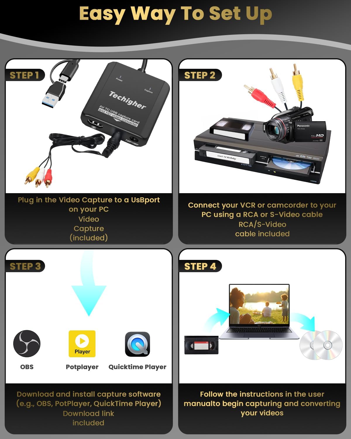 Thumbnail 6 de Techigher VHS to Digital Converter & RCA to HDMI Adapter USB Video Capture Card