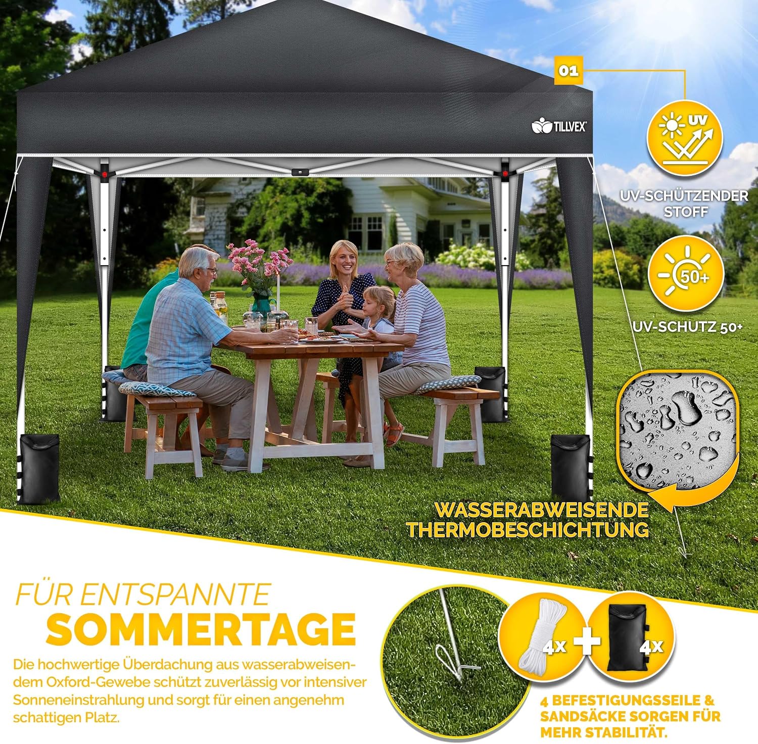 Detalle 2 de tillvex Pavillon 3x3m wasserdicht 3-fach höhenverstellbar