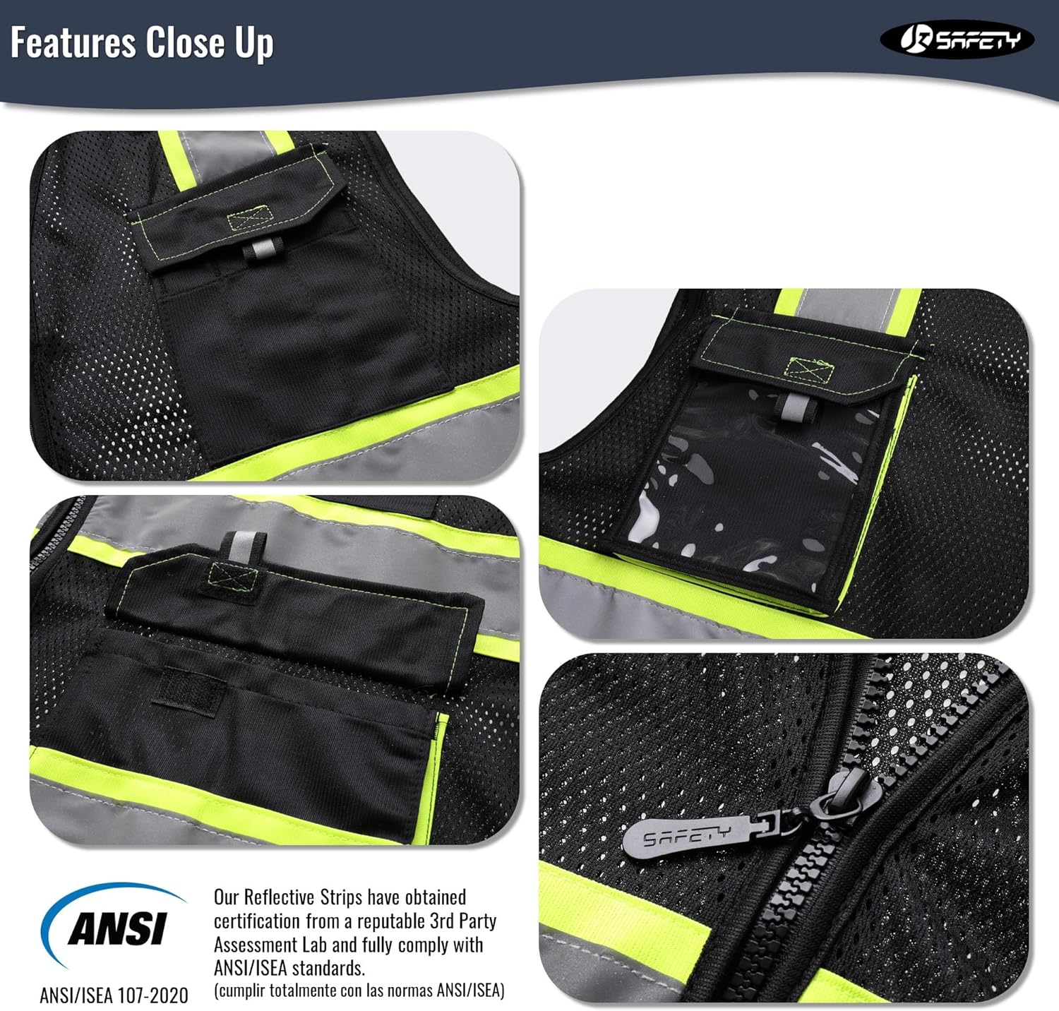 Detalle de JKSafety Hi Vis Reflective Safety Vests (220-Black L) with Mesh Fabric & Pockets