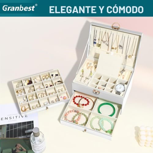 Thumbnail 1 de Granbest Joyero de 3 capas con 2 cajones – joyero de piel elegante para collares, pulseras, anillos y pendientes (blanco)