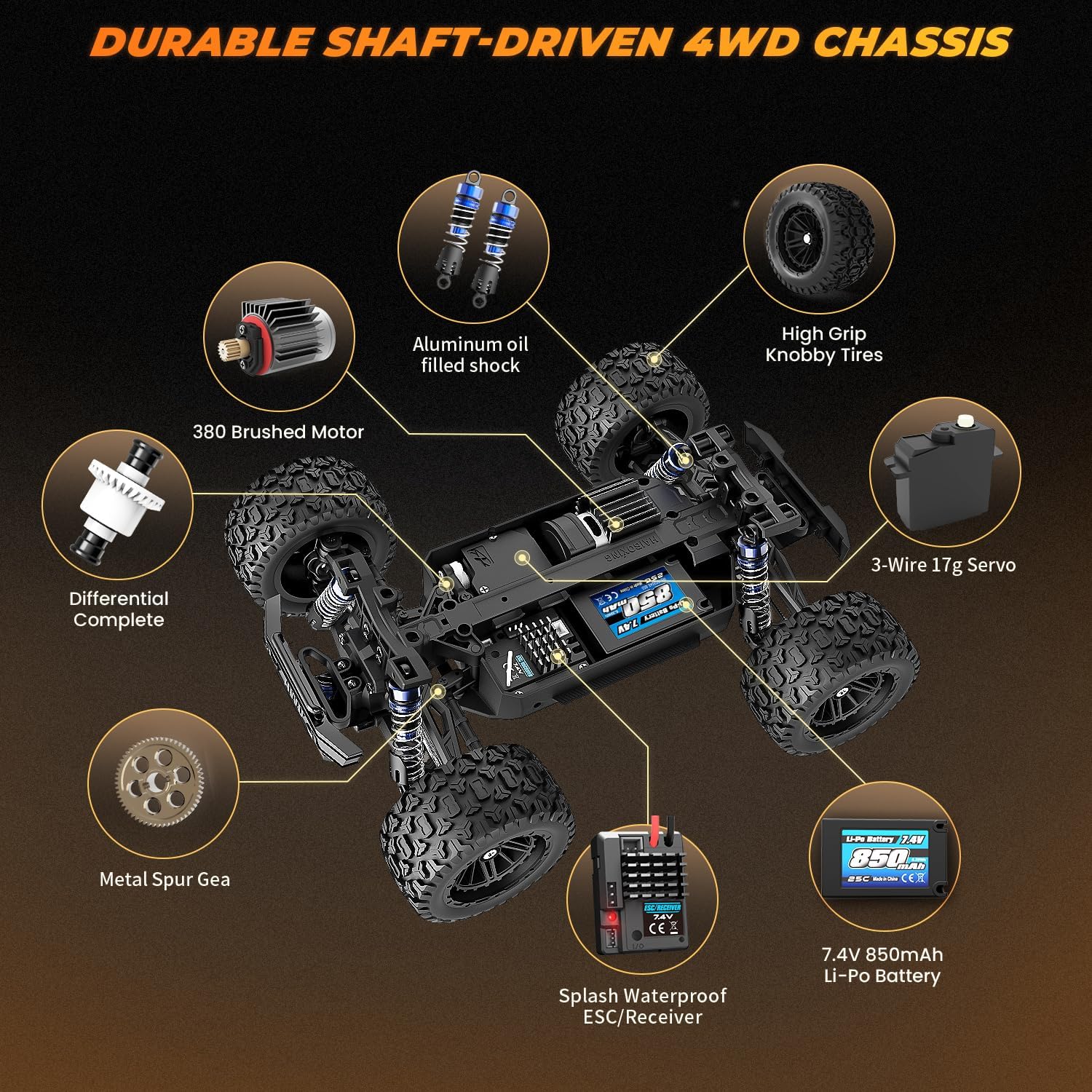 Detalle de HAIBOXING 18859E 1:18 RC Monster Truck, 4WD, 36 km/h, Oil-Filled Shocks
