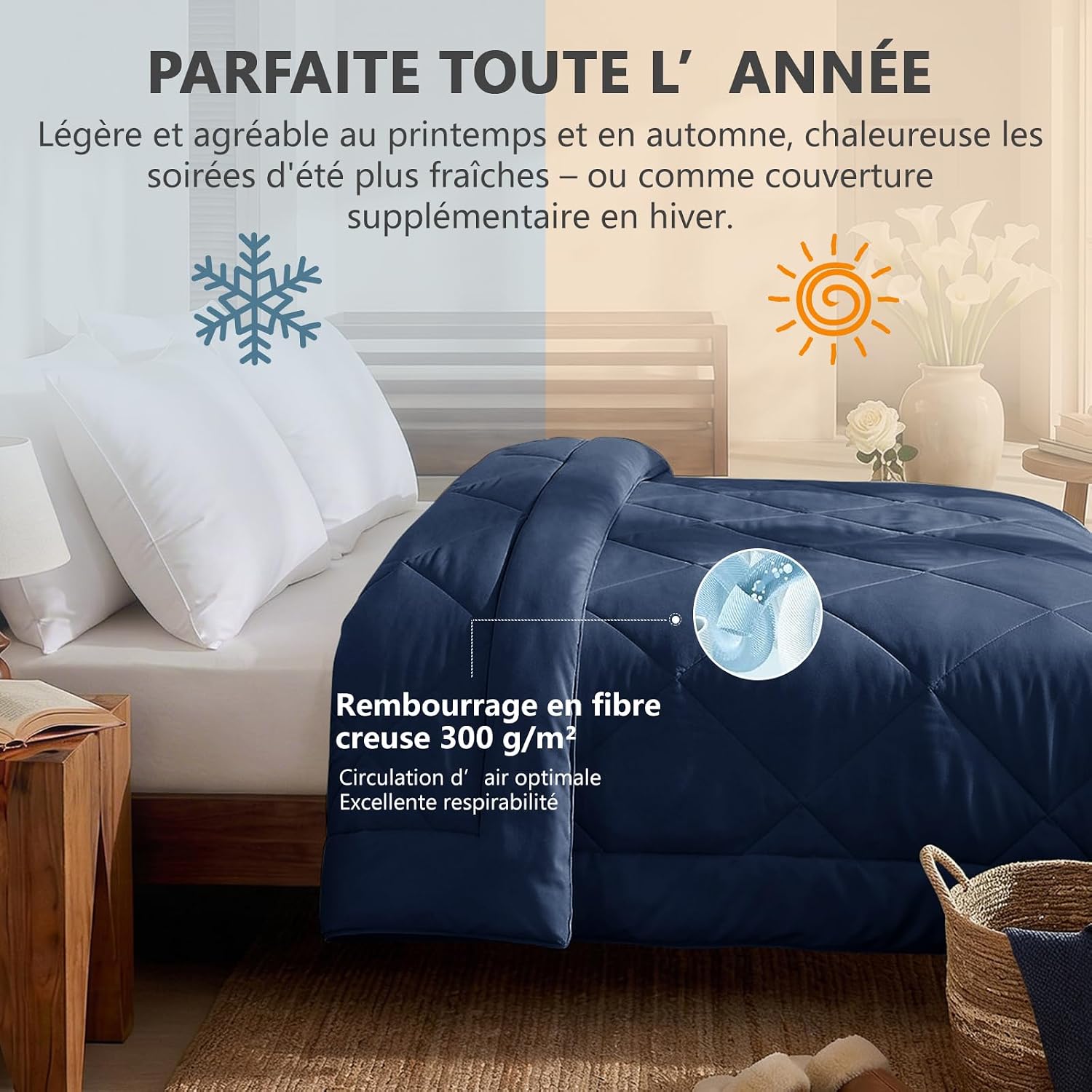 Detalle de CozyLux Couette 220x240 tempérée pour lit 2 personnes – 300 g/m², microfibre, 4 boucles d’angle, bleu marine