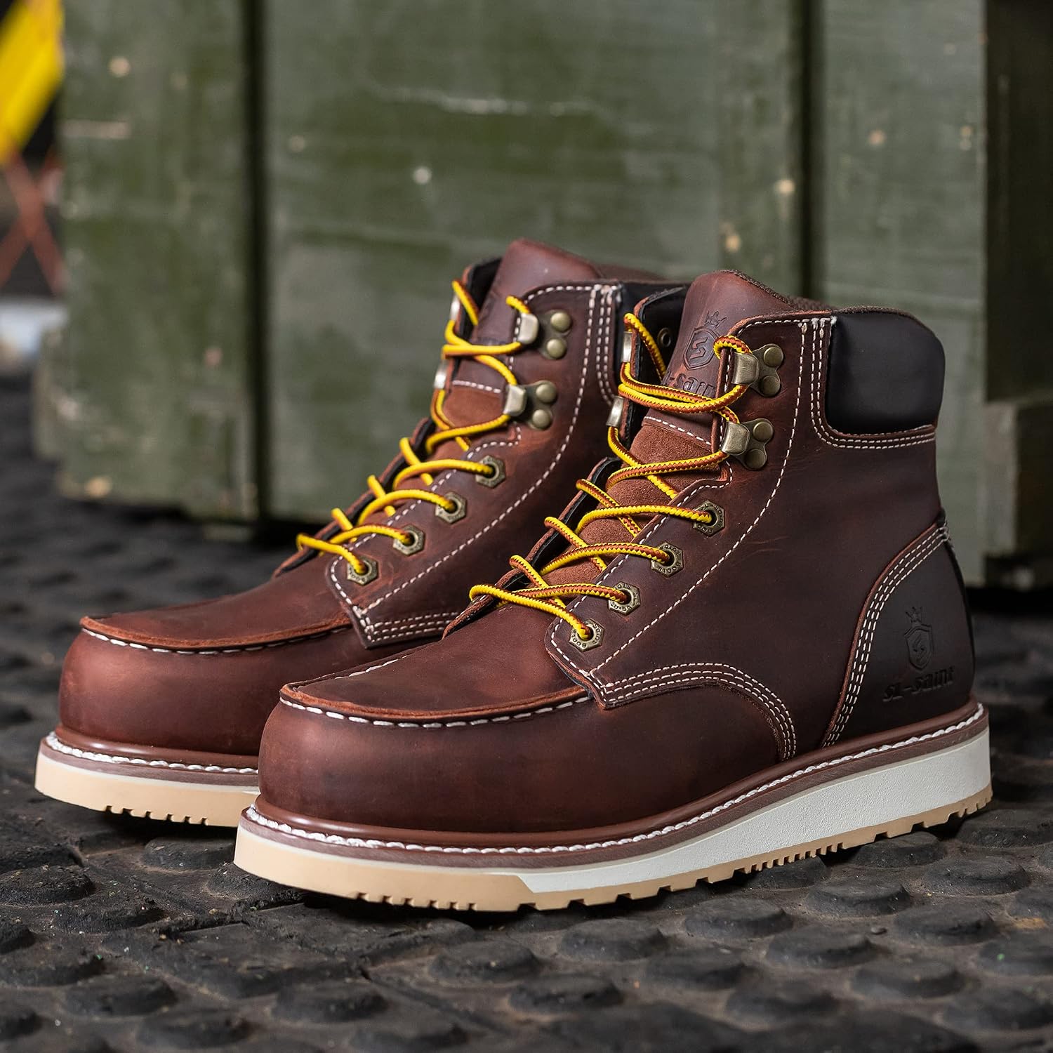 Detalle 2 de SL-Saint Bottes de travail imperméables Steel/Soft Moc Toe Classic Goodyear-welted 6'' pour hommes – Marron