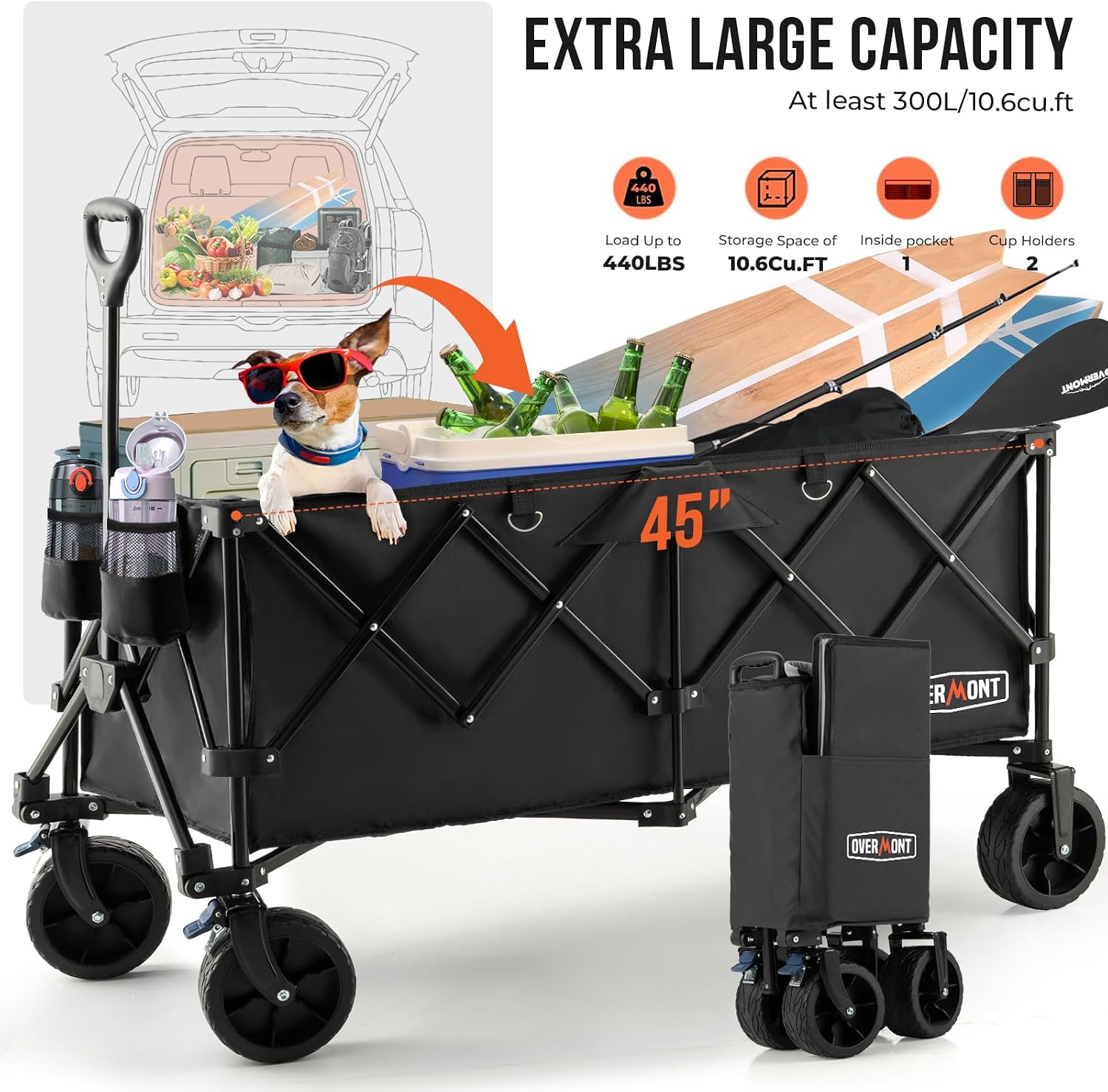 Thumbnail 6 de OVERMONT 45''L Extended Collapsible Wagon, 300 L, All-Terrain Wheels