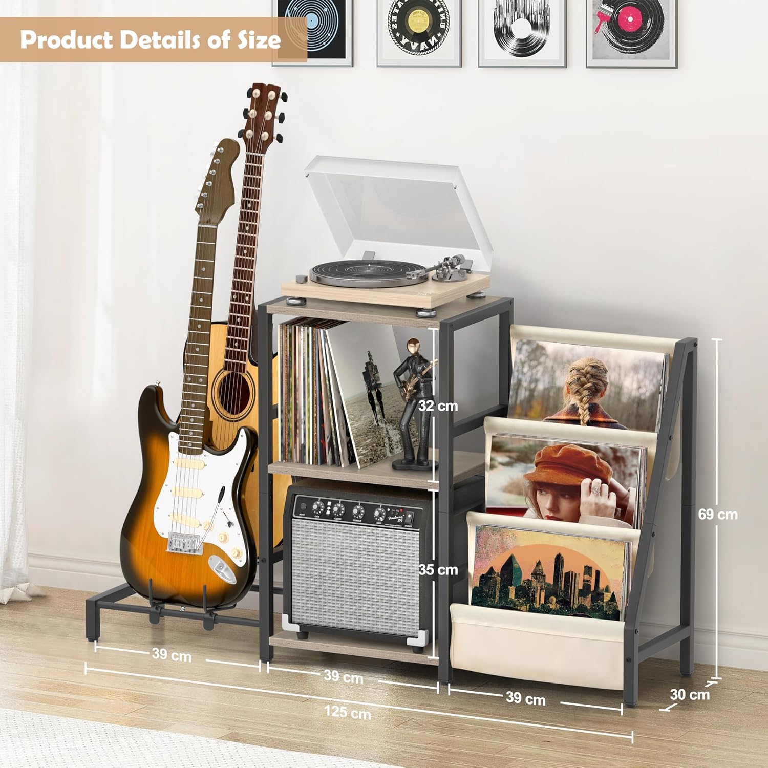 Detalle de Bikoney Record Player Stand with 3-Tier Vinyl Storage and Guitar Stand – White