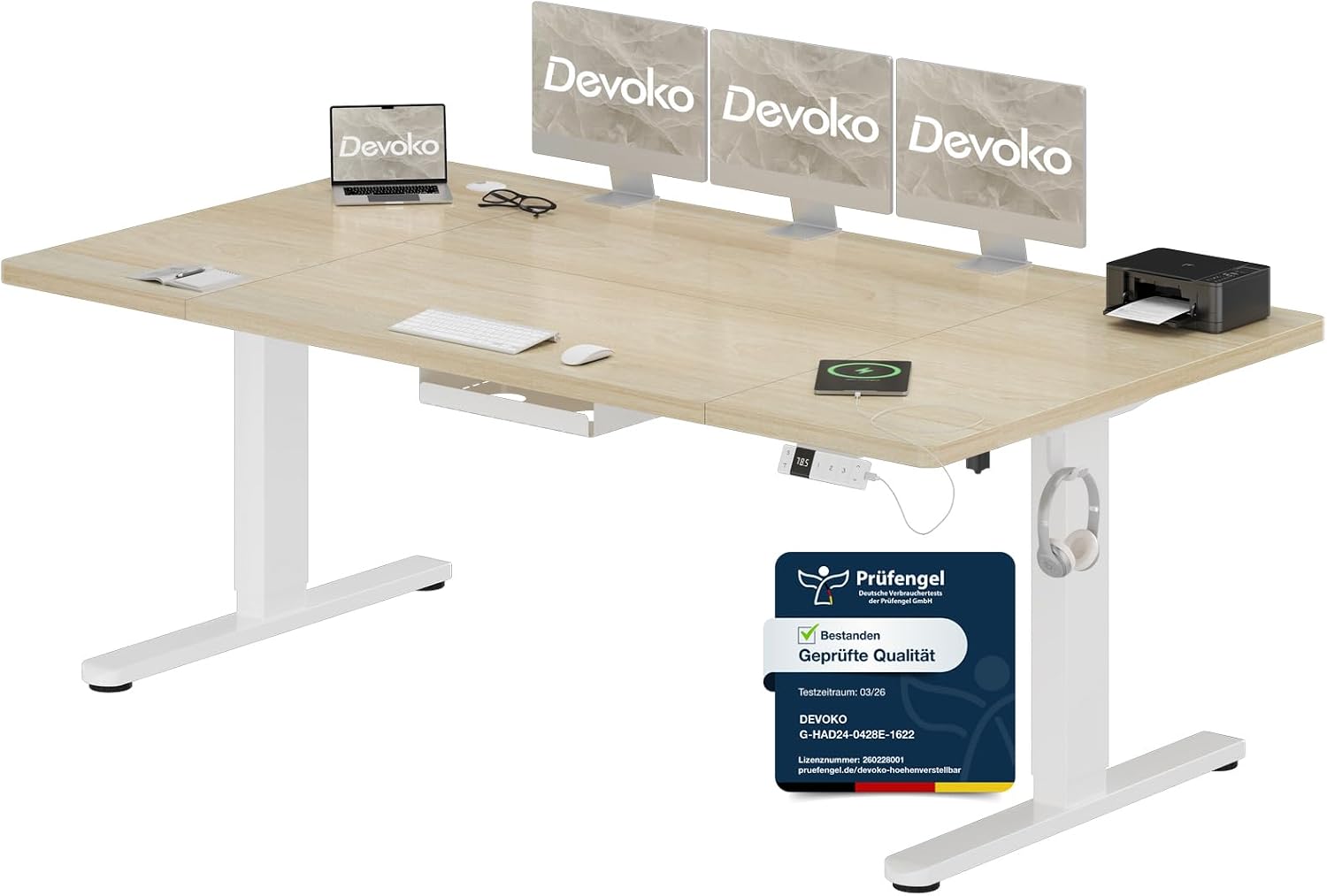 Detalle de Devoko elektrisch höhenverstellbarer Schreibtisch 180x80 cm mit Typ-C Ladeanschluss (Eiche)