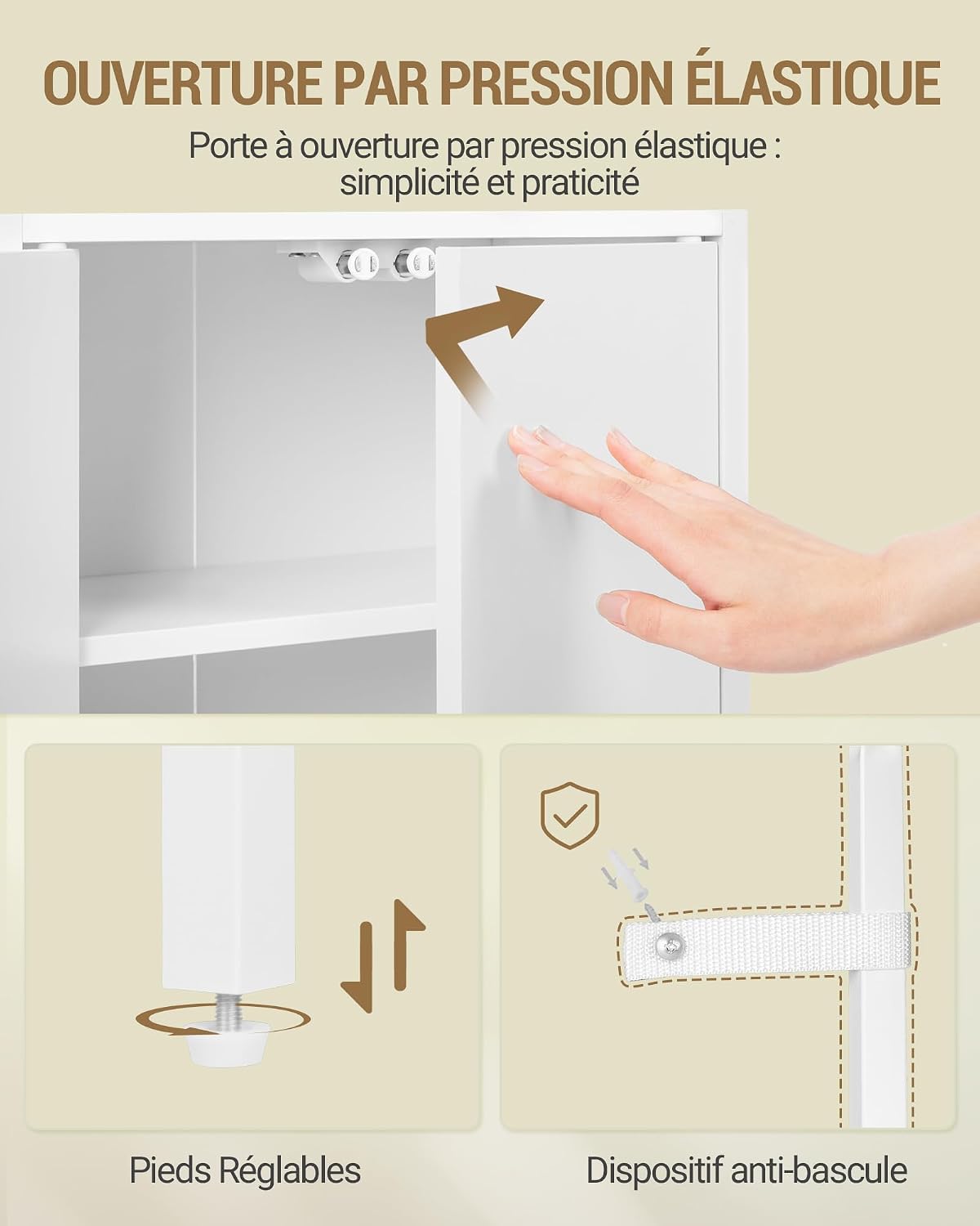 Thumbnail 3 de Hzuaneri meuble de salle de bain blanc avec 2 portes, étagère ouverte et plateau métallique aéré (20 x 38 x 90 cm) BC42903WV1