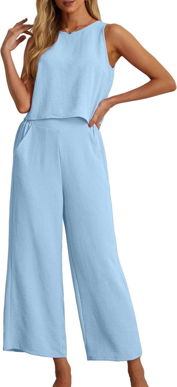 Detalle 2 de IWOLLENCE Co Ord Sets for Women 2 Piece Outfit: Sleeveless Crop Top & Wide-Leg Trousers, Lightweight Crinkle Lounge Set