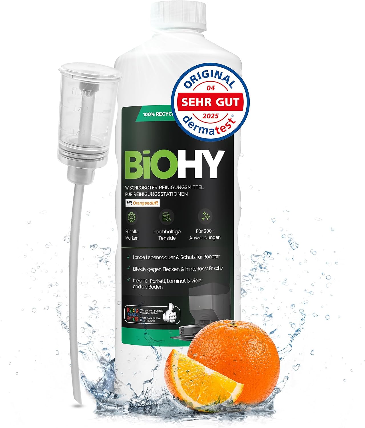 Detalle de BIOHY reinigingsmiddel voor robotstofzuigers, 1 l, sinaasappelgeur, laag schuimend