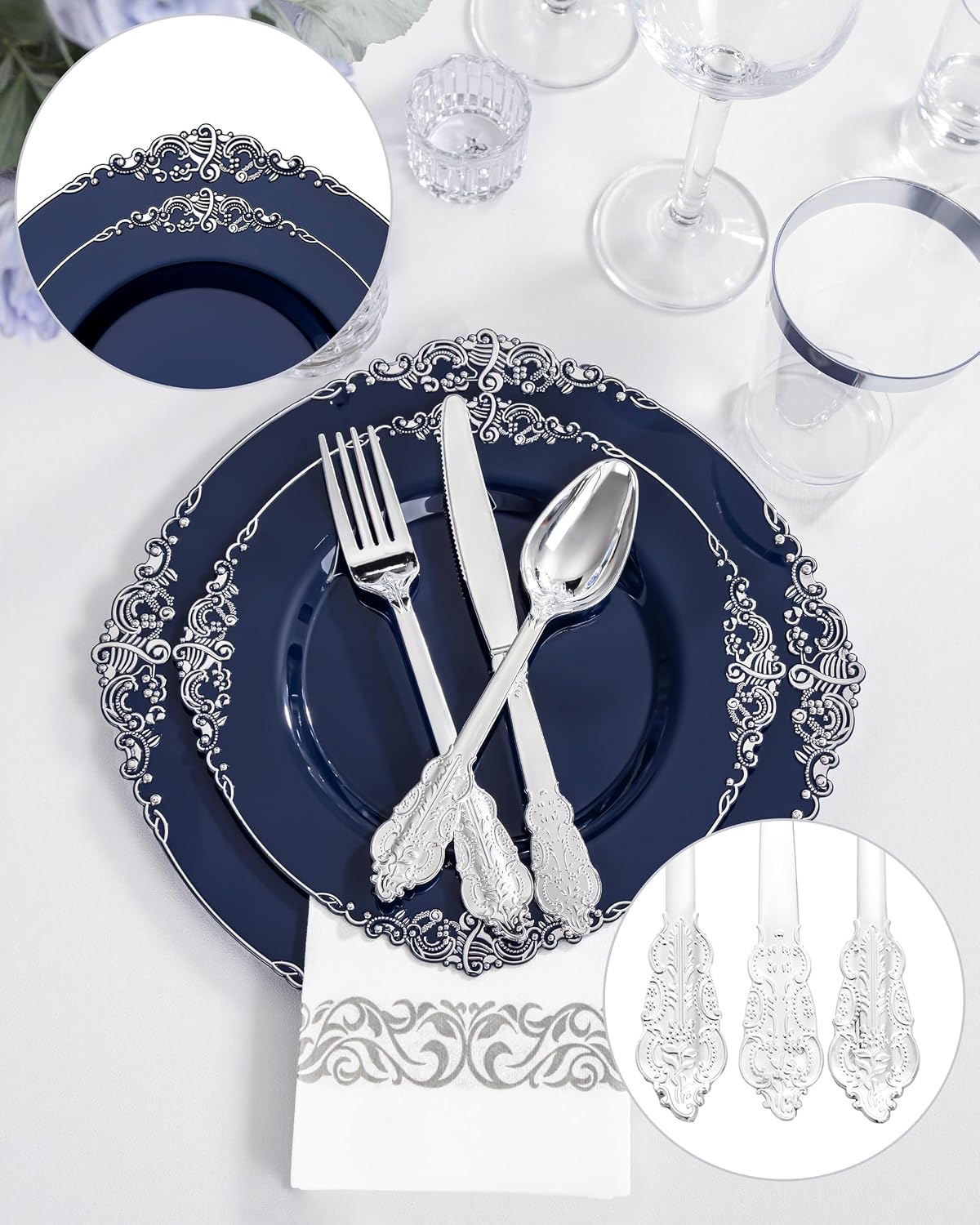 Detalle de Hioasis 350pcs Blue and Silver Disposable Party Plates Set for 50 Guests