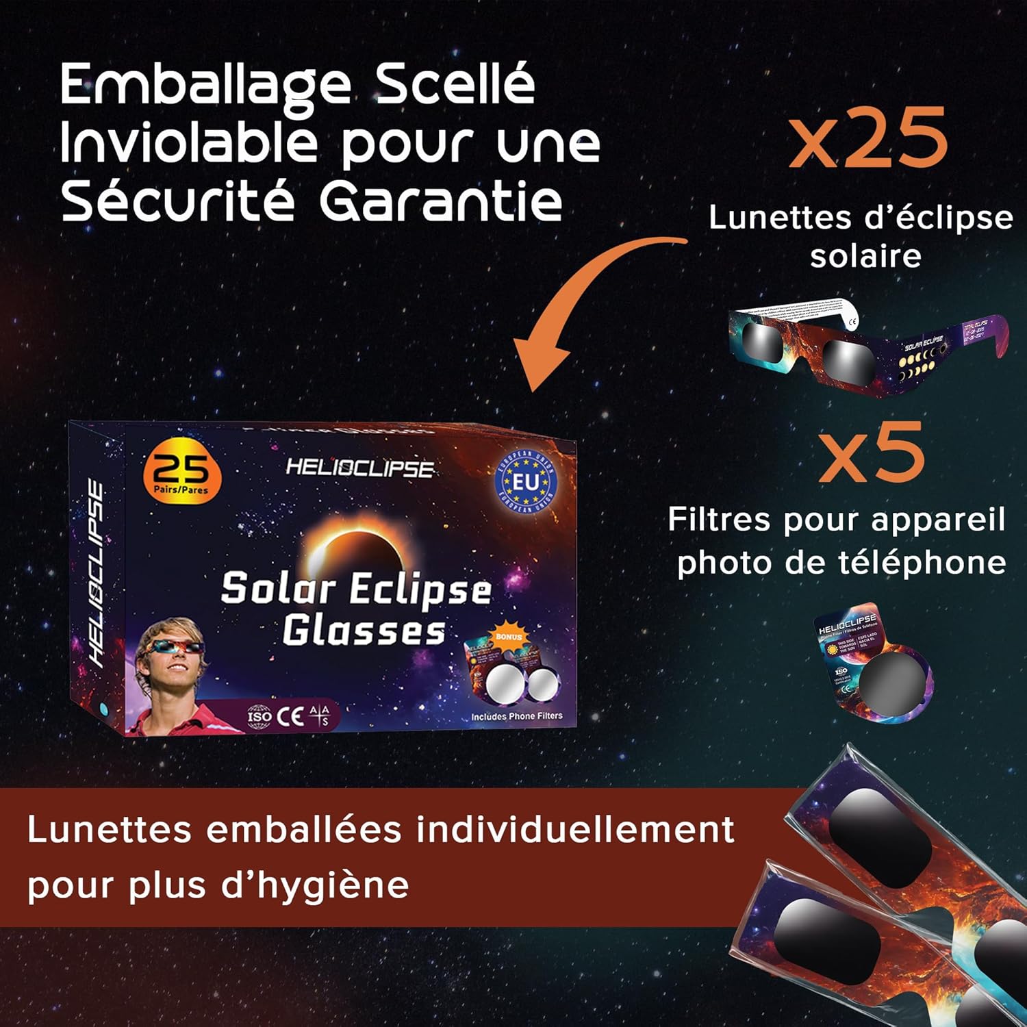 Thumbnail 2 de Helioclipse Lot de 25 lunettes pour éclipse solaire ISO 12312-2 avec 5 filtres pour téléphone