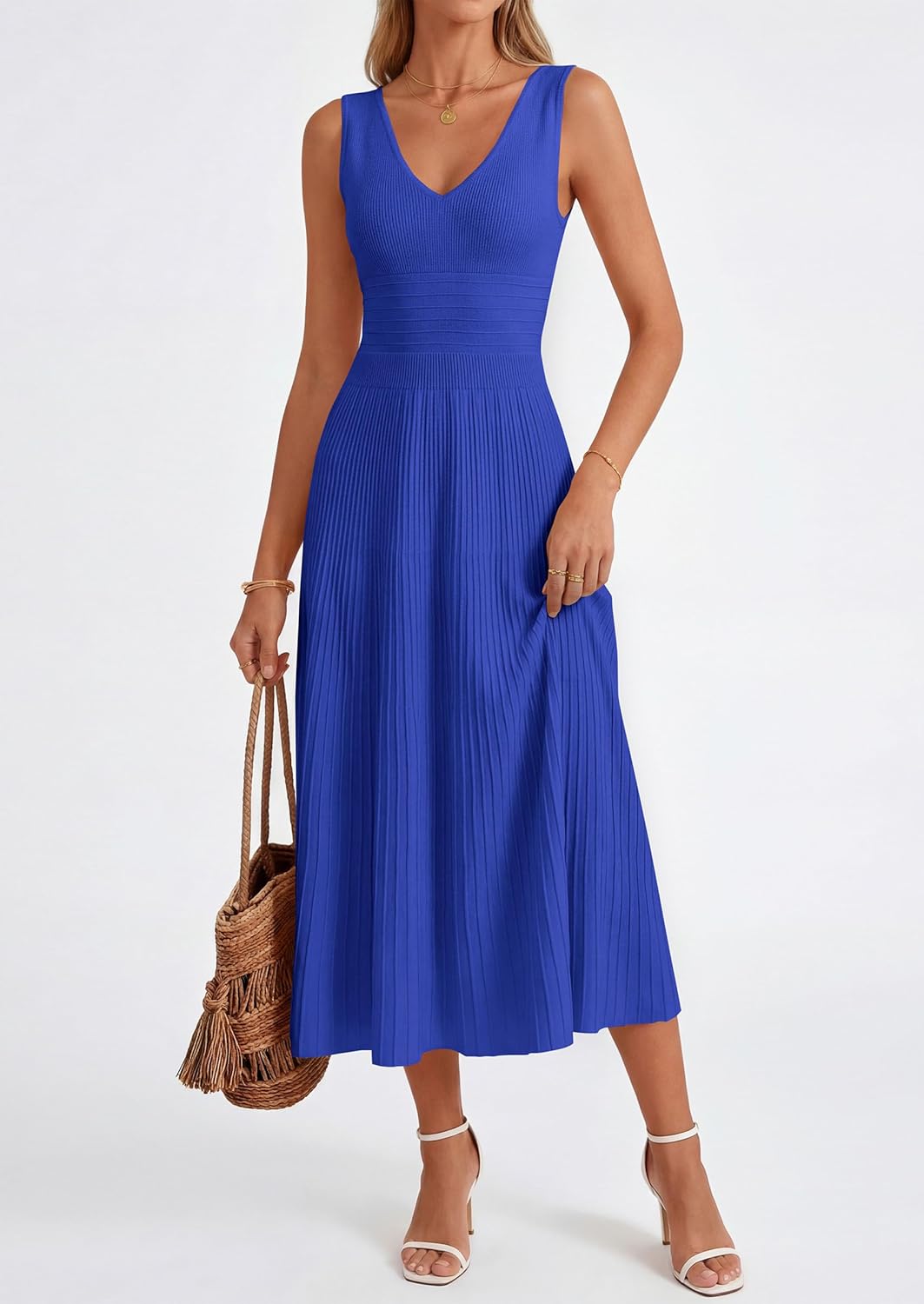 Thumbnail 3 de PRETTYGARDEN Summer Dresses for Women 2026: Pleated Midi V-Neck Sleeveless Dress