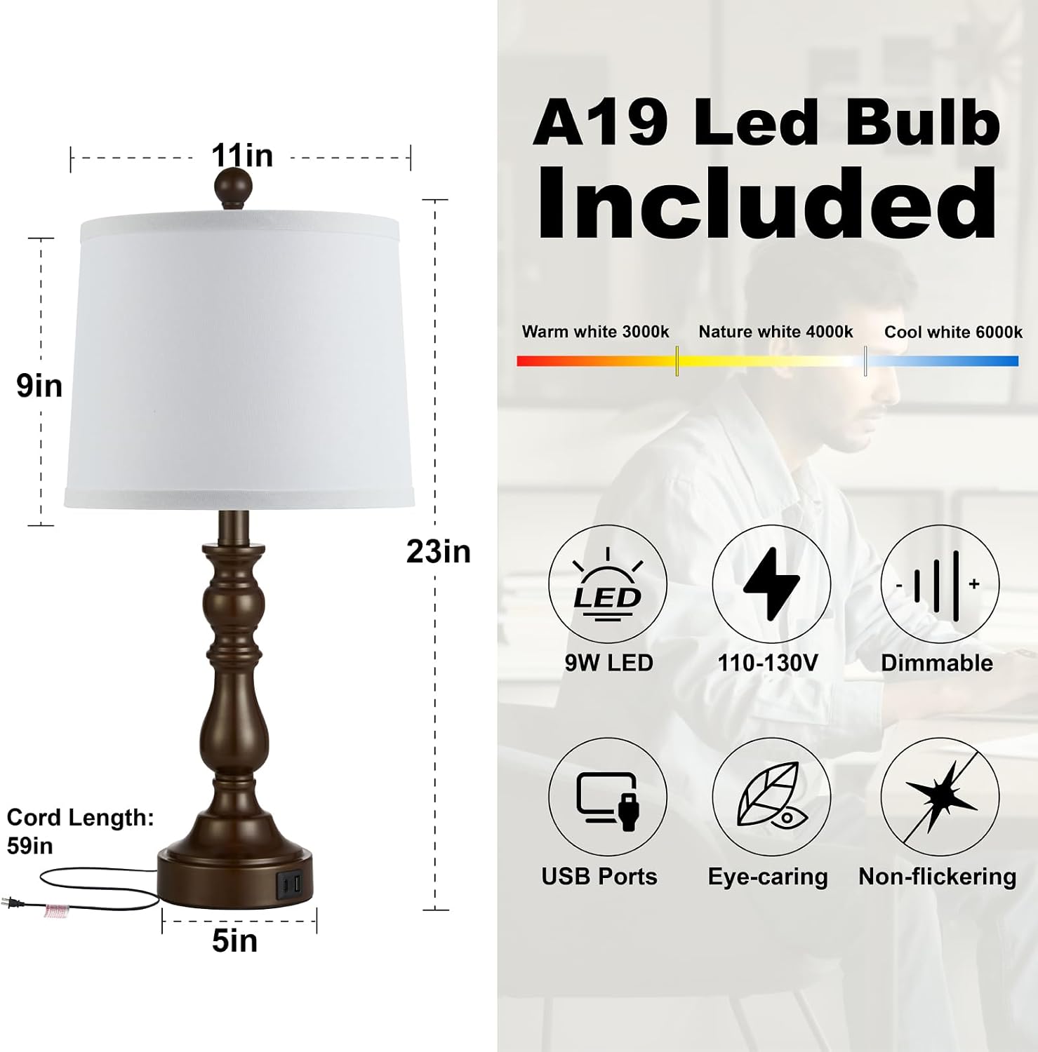 Thumbnail 6 de Leasgy L-2T-138-G Table Lamp Set of 2, USB-A and USB-C Ports