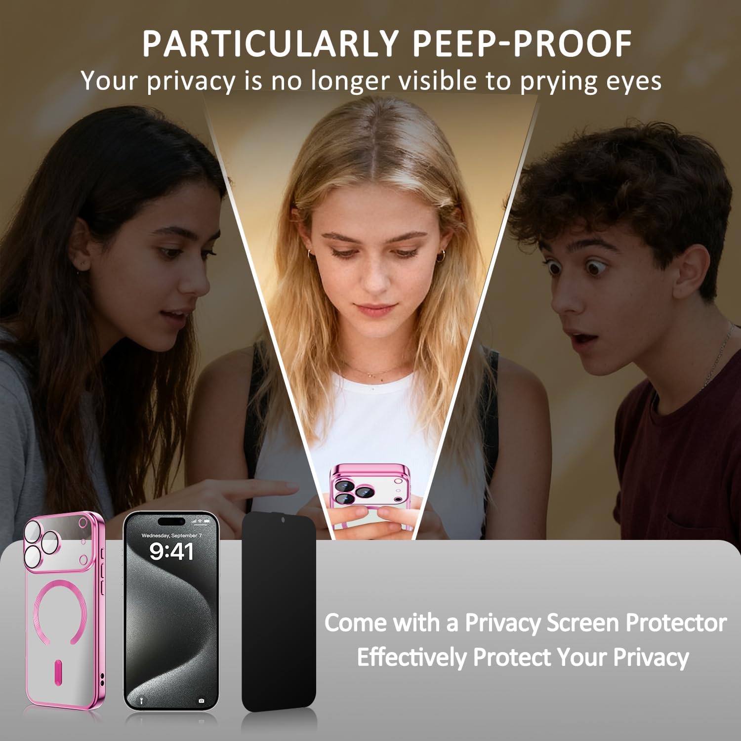Detalle de Misscase Magnetic Clear Case for iPhone 17 Pro (6.3 inch) with Camera Lens Protector & Privacy Screen (Pink)
