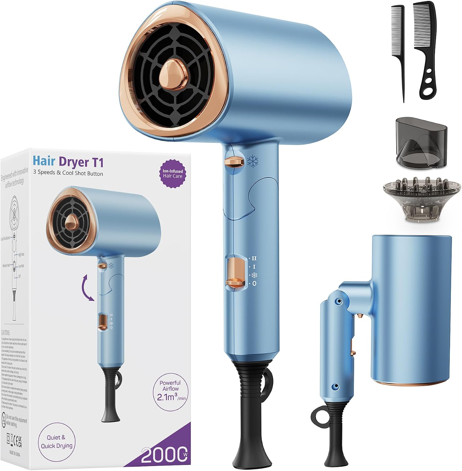 Ionic Hair Dryer 2000W with Diffuser & Concentrator – Blue