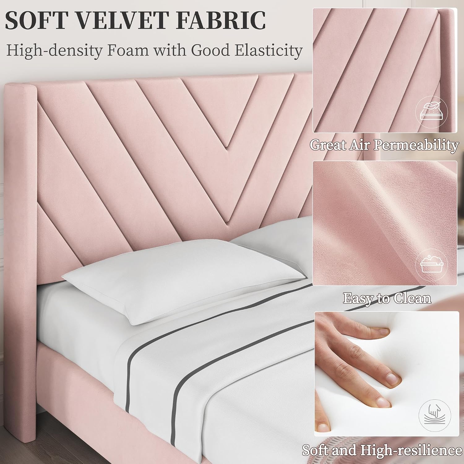 Detalle de Yaheetech YT-00142947 Queen Upholstered Platform Bed Frame, Pink Velvet