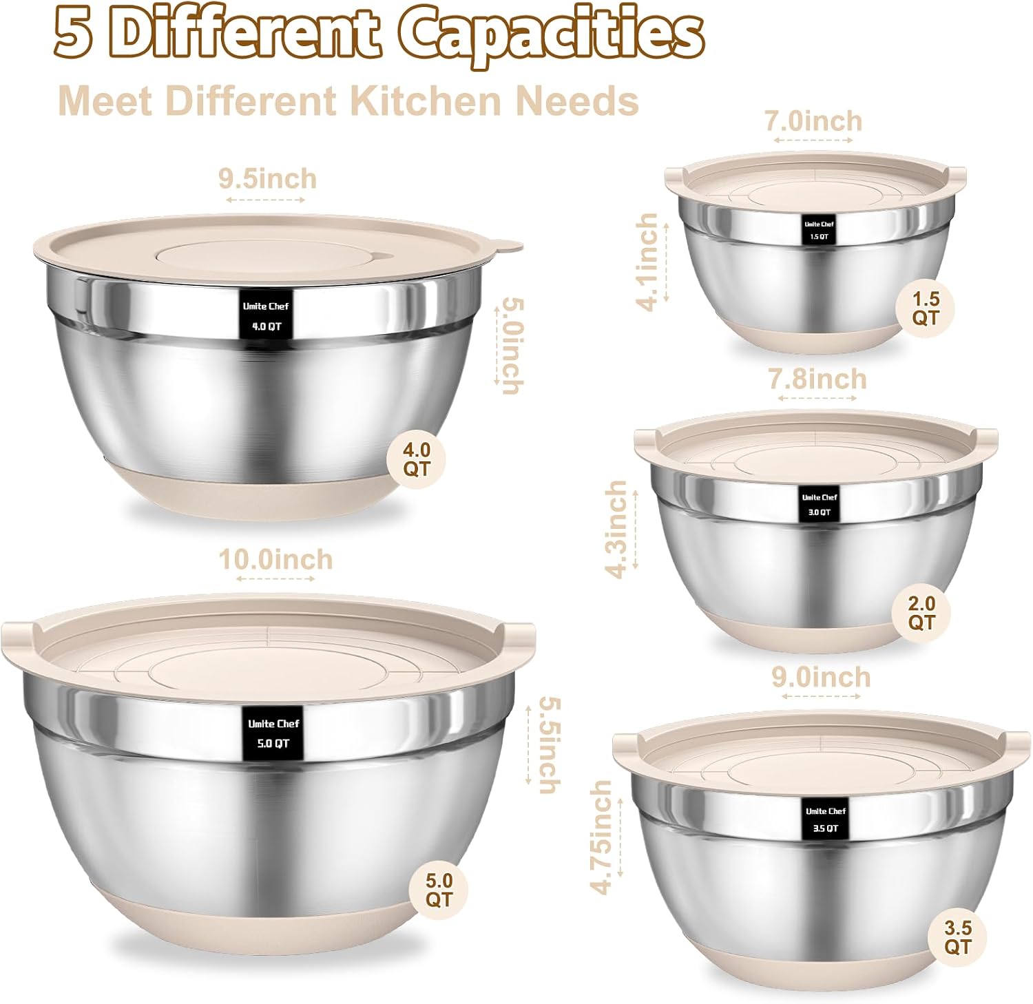 Detalle 2 de Umite Chef Mixing Bowls Set 5QT 🍽