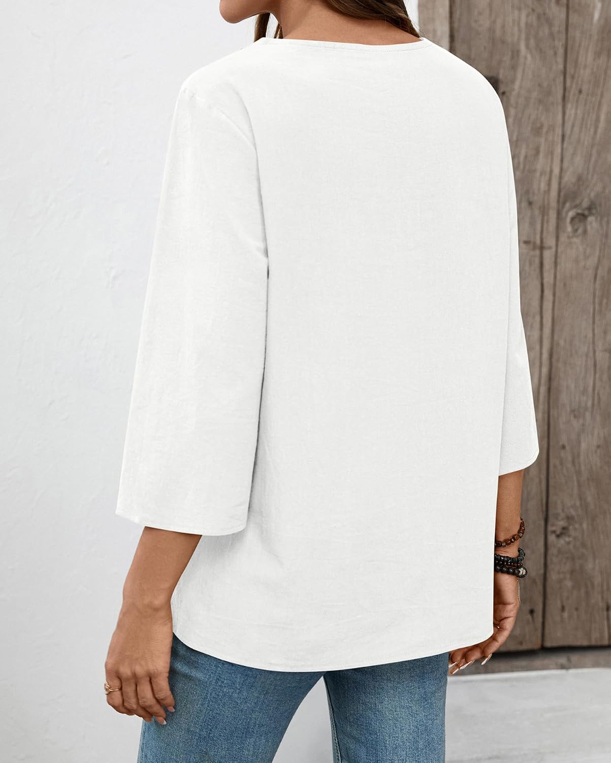 Detalle de Lomon Womens Cotton Linen 3/4 Sleeve V-Neck Lace Casual Loose Fit Blouse