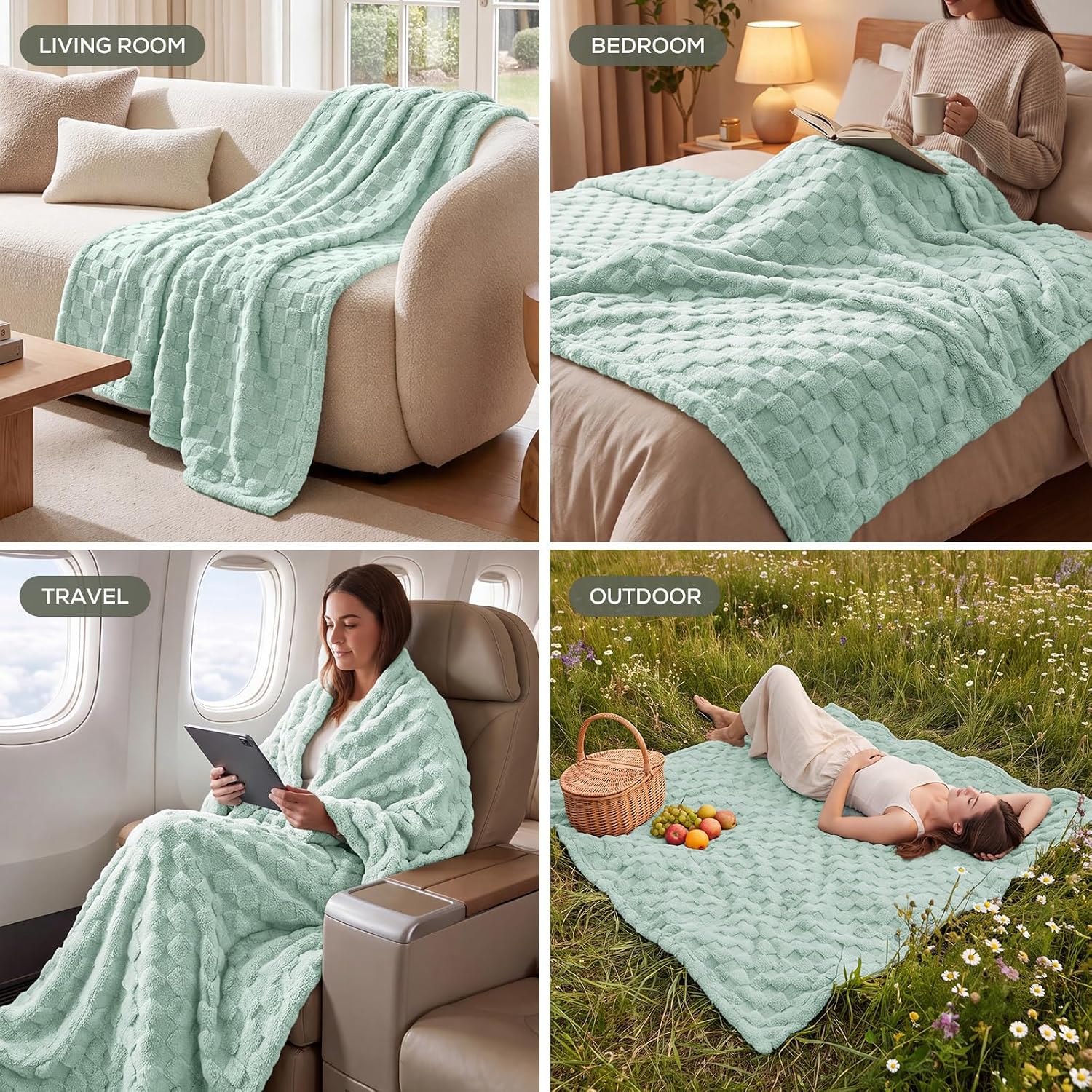 Thumbnail 3 de Utopia Bedding Plush Checkered Fleece Blanket, Sage Green, Queen 90 x 90 in