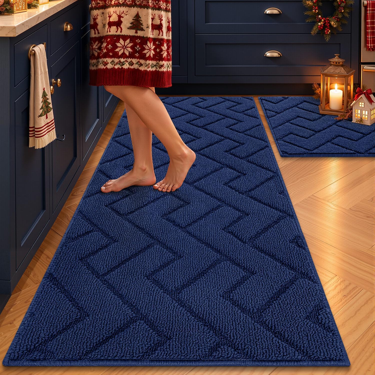 Detalle de hicorfe Kitchen Rugs and Mats Sets (2 Pieces) – Ultra-Absorbent, Non-Slip Polypropylene Mats, Navy