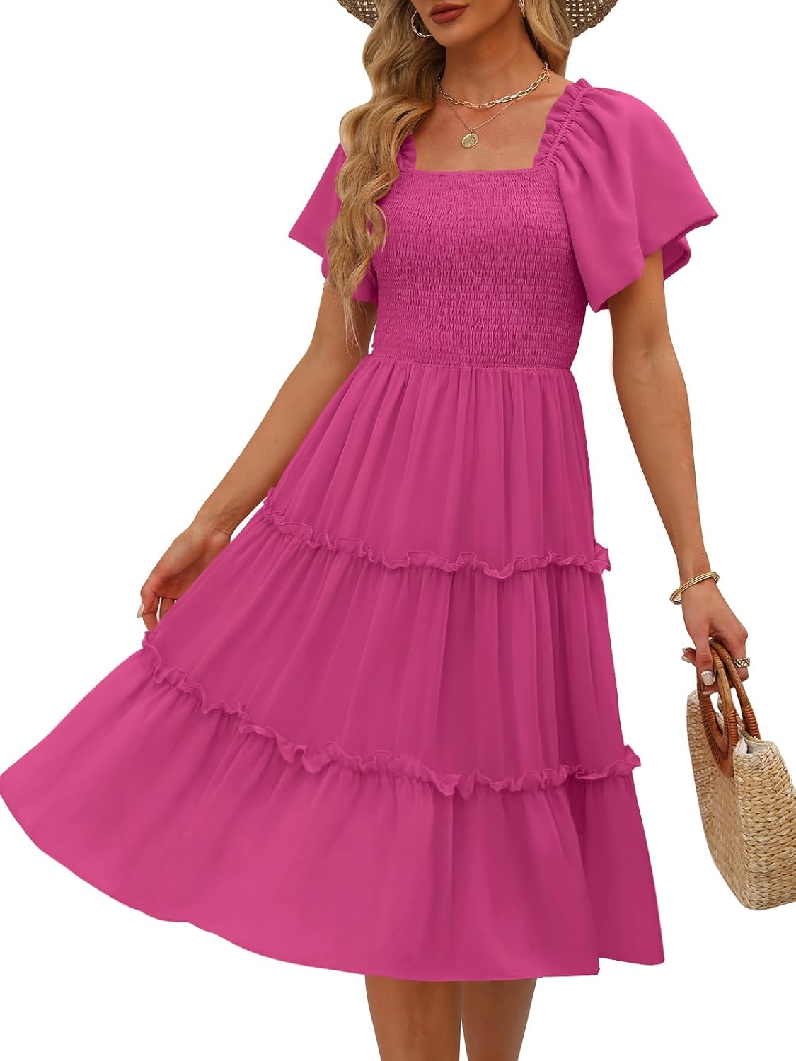 Thumbnail 6 de LILLUSORY Women’s Summer Smocked Midi Dress with Flutter Sleeves and Square Neck