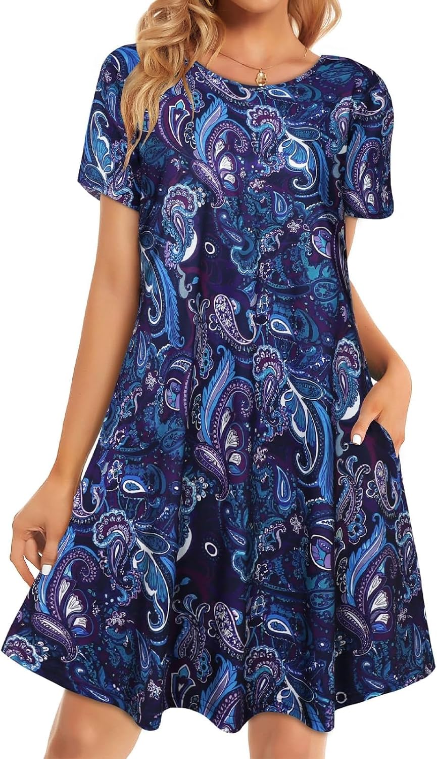 Detalle de Womens Summer Dresses Beach Casual Loose Tshirt Floral Short Sleeve Flowy Pockets Sundresses 2026