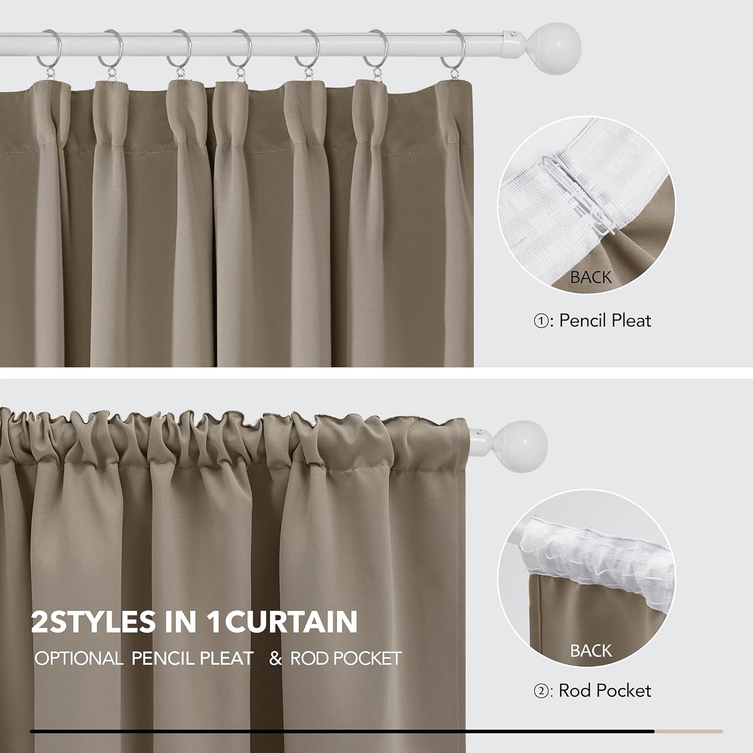 Thumbnail 5 de Deconovo Blickdichte Vorhänge mit Kräuselband – 2er Set, 240x140 cm in Taupe