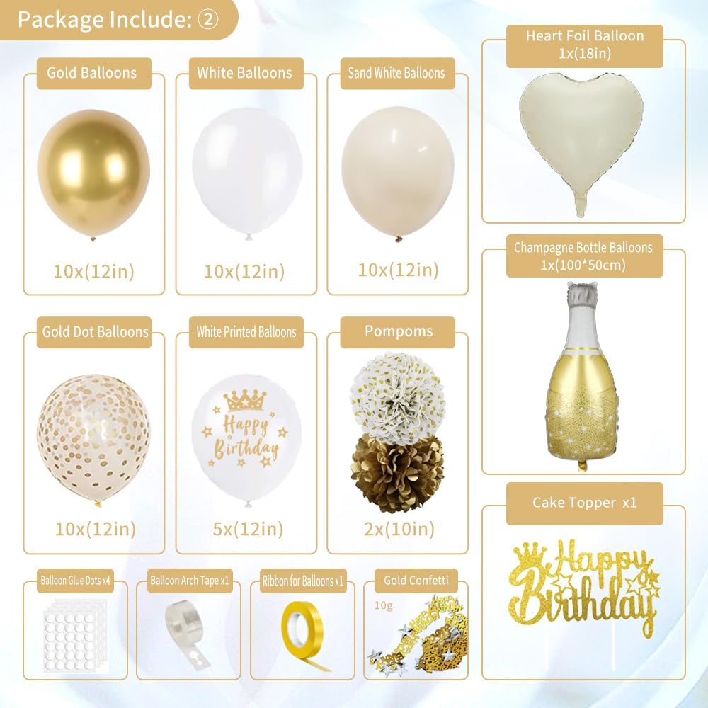 Detalle de Geburtstagsdeko Gold, Beige Gold Weiß Party Deko Set mit „Happy Birthday“-Banner & Ballons