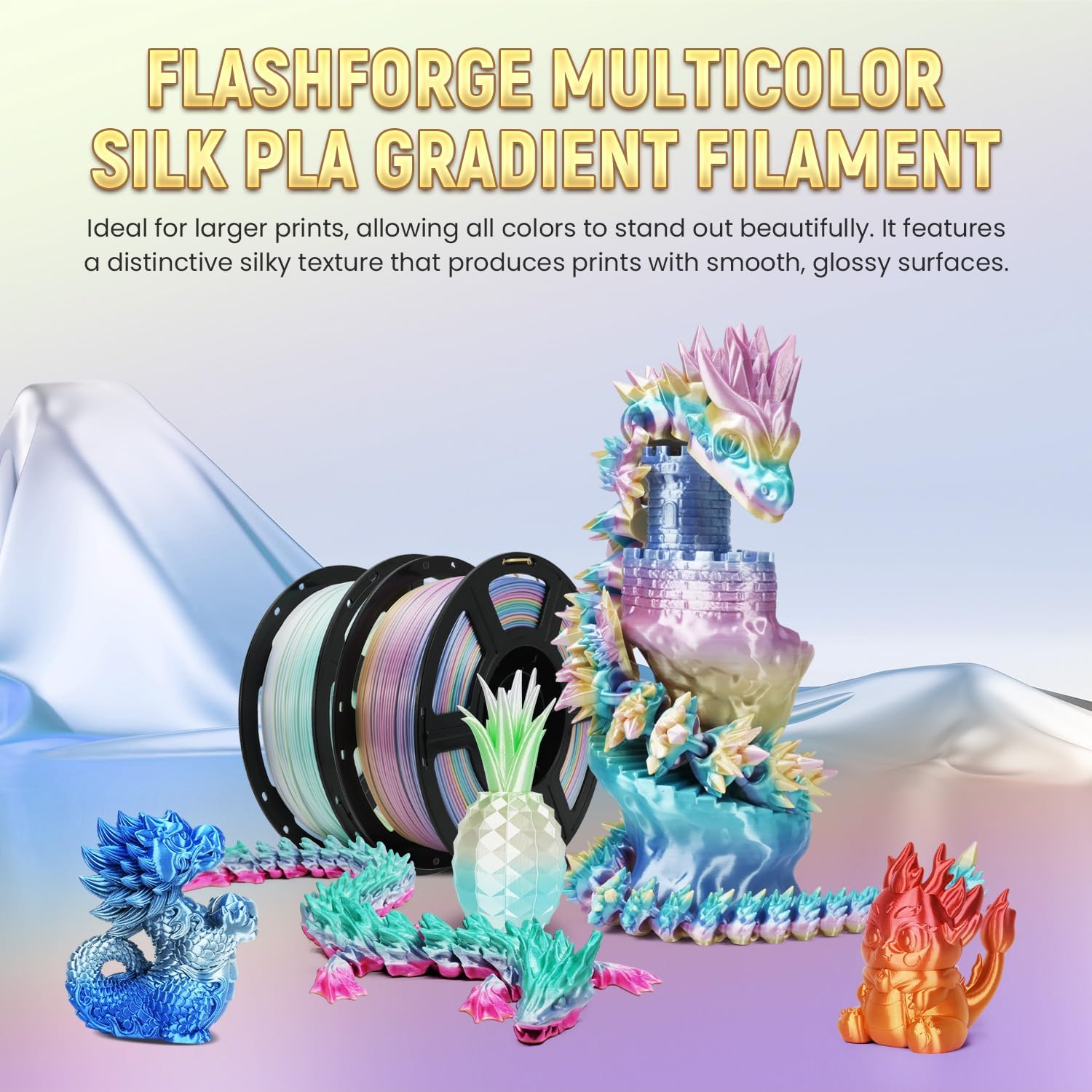 Thumbnail 1 de FLASHFORGE Silk PLA Gradient Rainbow Pastel Filament (1.75mm) – Multicoloured Colour Change 8m Spools