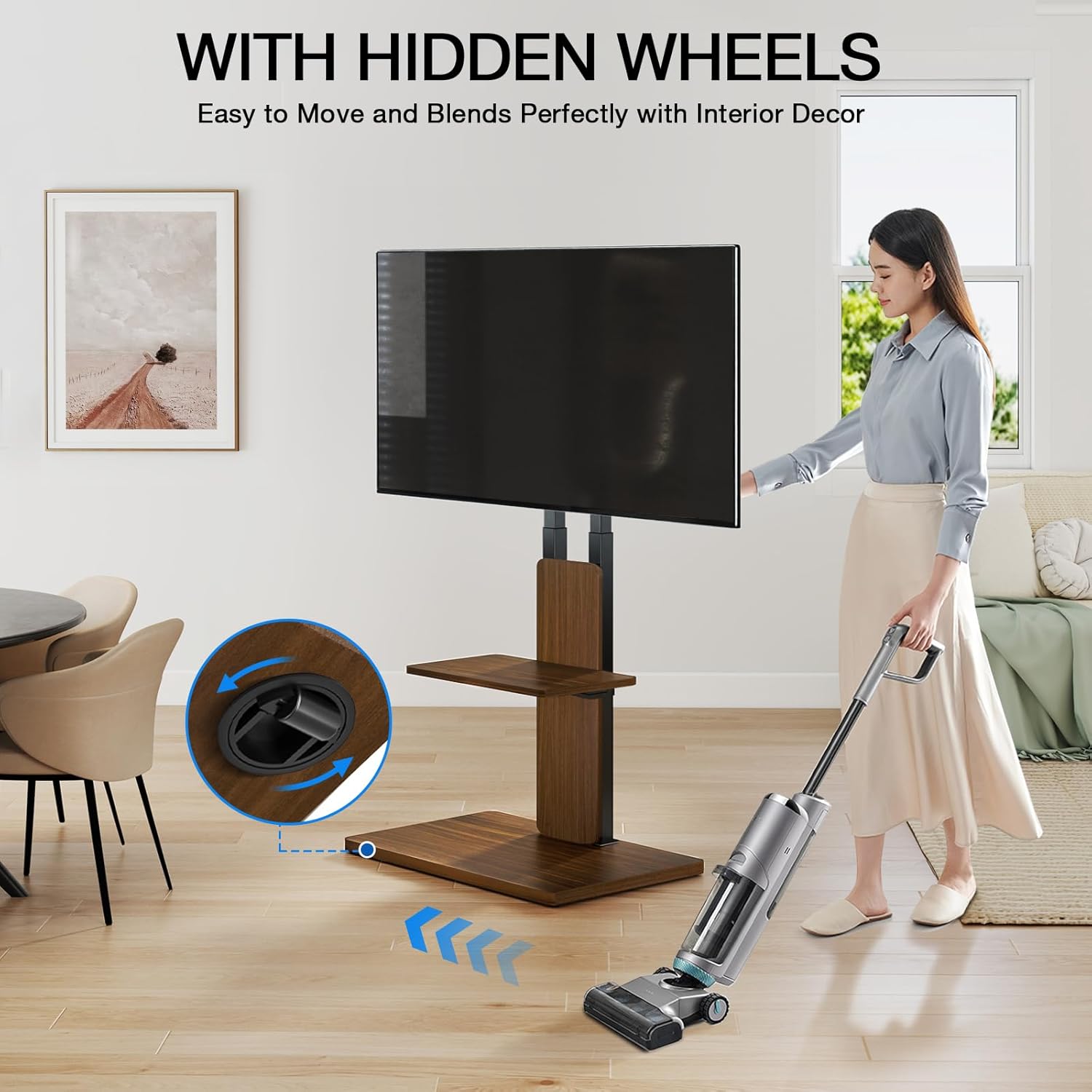 Thumbnail 2 de TVON support TV au sol sur roulettes cachées (32 à 70 pouces) hauteur réglable, base en bois