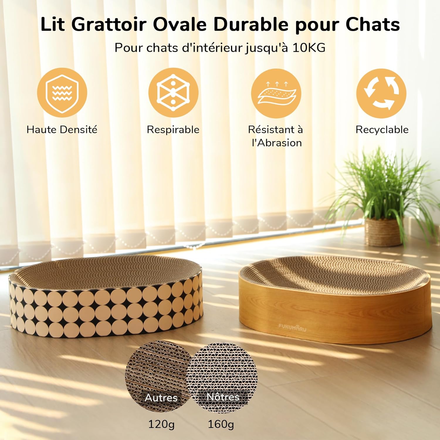 Thumbnail 2 de FUKUMARU Griffoir pour chat 2-en-1 en carton ondulé, plateau ovale avec lit intégré