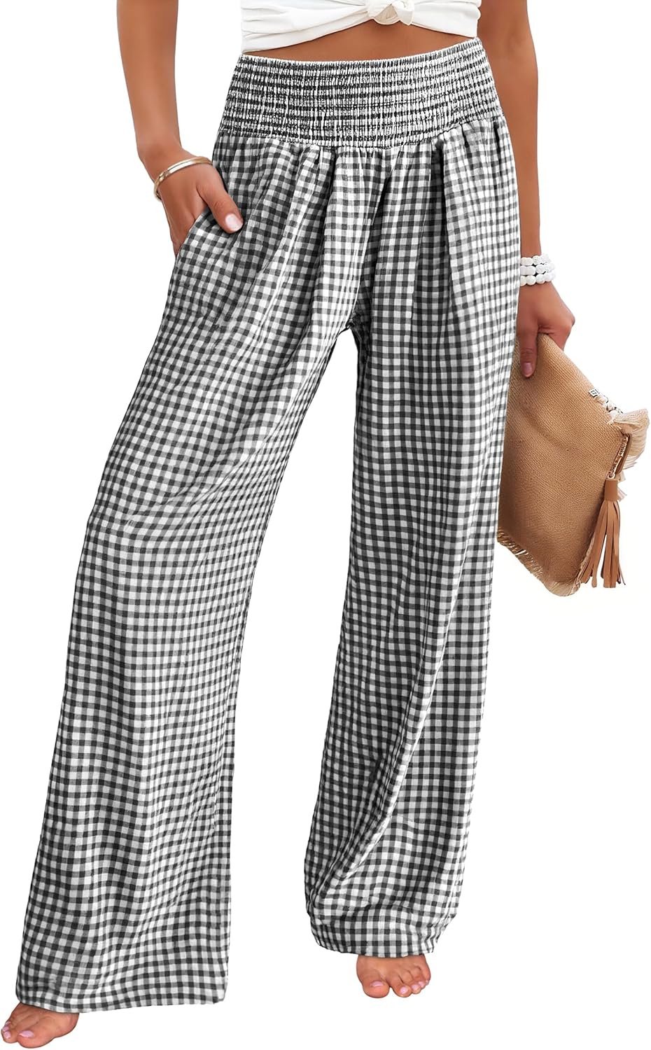 Thumbnail 6 de ANRABESS Palazzo Pants with Gingham Stripes: Wide-Leg, High-Waisted Lounge Pants with Pockets