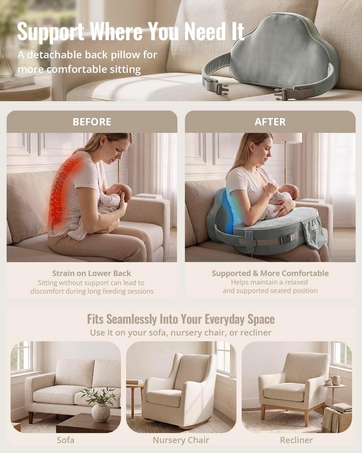 Detalle de Blissful Diary BRZH01 Deluxe Nursing Pillow, Gray, Dual-Layer Foam