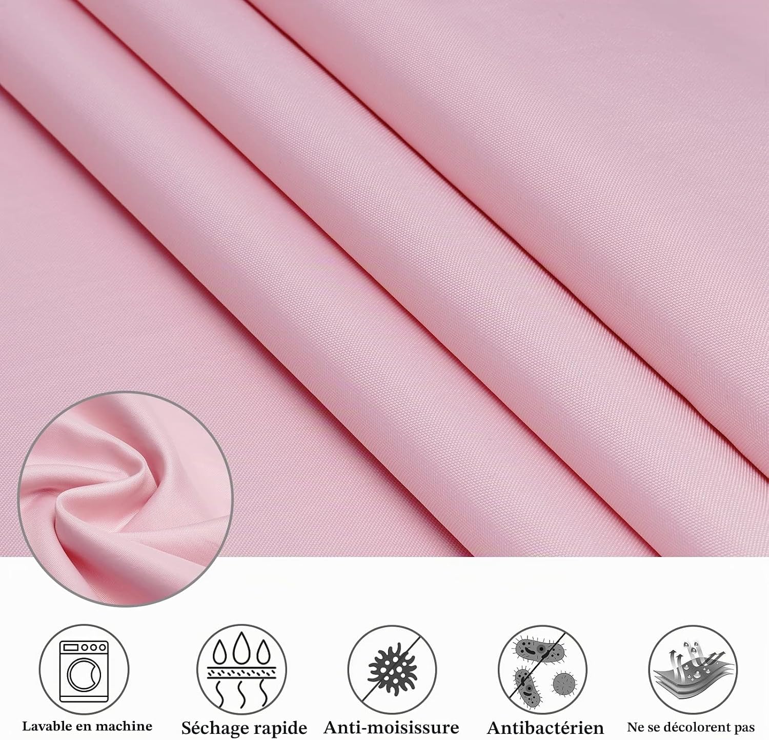 Detalle de EurCross Rideau de douche étroit 120 x 200 cm – Tissu imperméable en polyester, rose, 8 anneaux