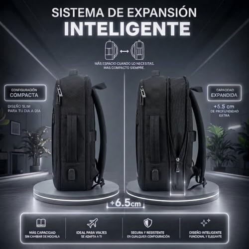 Detalle de Mochila de cabina EDIESI 40x30x20 con USB y expansión, práctica para vuelos y escapadas