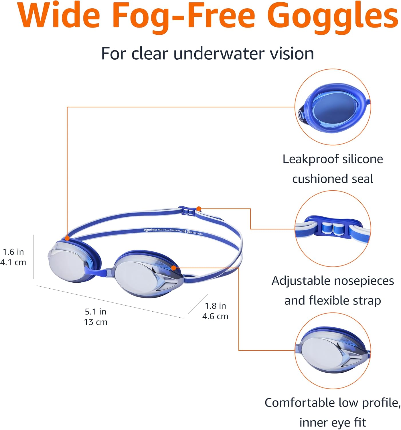 Detalle de Amazon Basics Unisex Swim Goggles for Adults with 4 Interchangeable Nosepieces