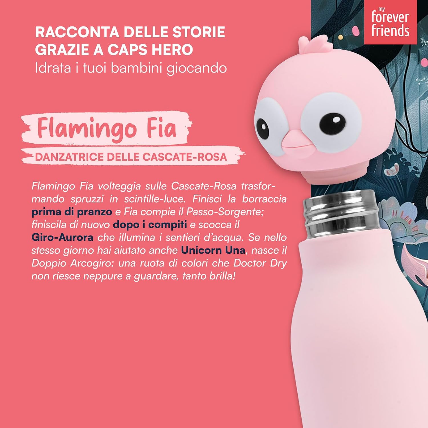 Detalle 2 de CapsHero Borraccia Termica per Bambini Flamingo Fia, Acciaio Inox Senza BPA, 520 ml