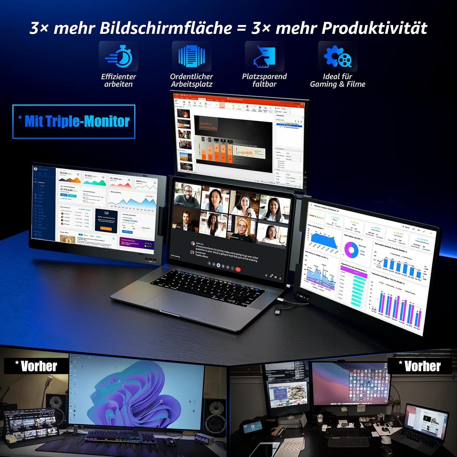 Thumbnail 4 de ROADOM 15,6 Zoll tragbarer Triple-Monitor (Faltbar, Metallgehäuse, 360° drehbar) mit Type-C & USB – 1080P FHD IPS