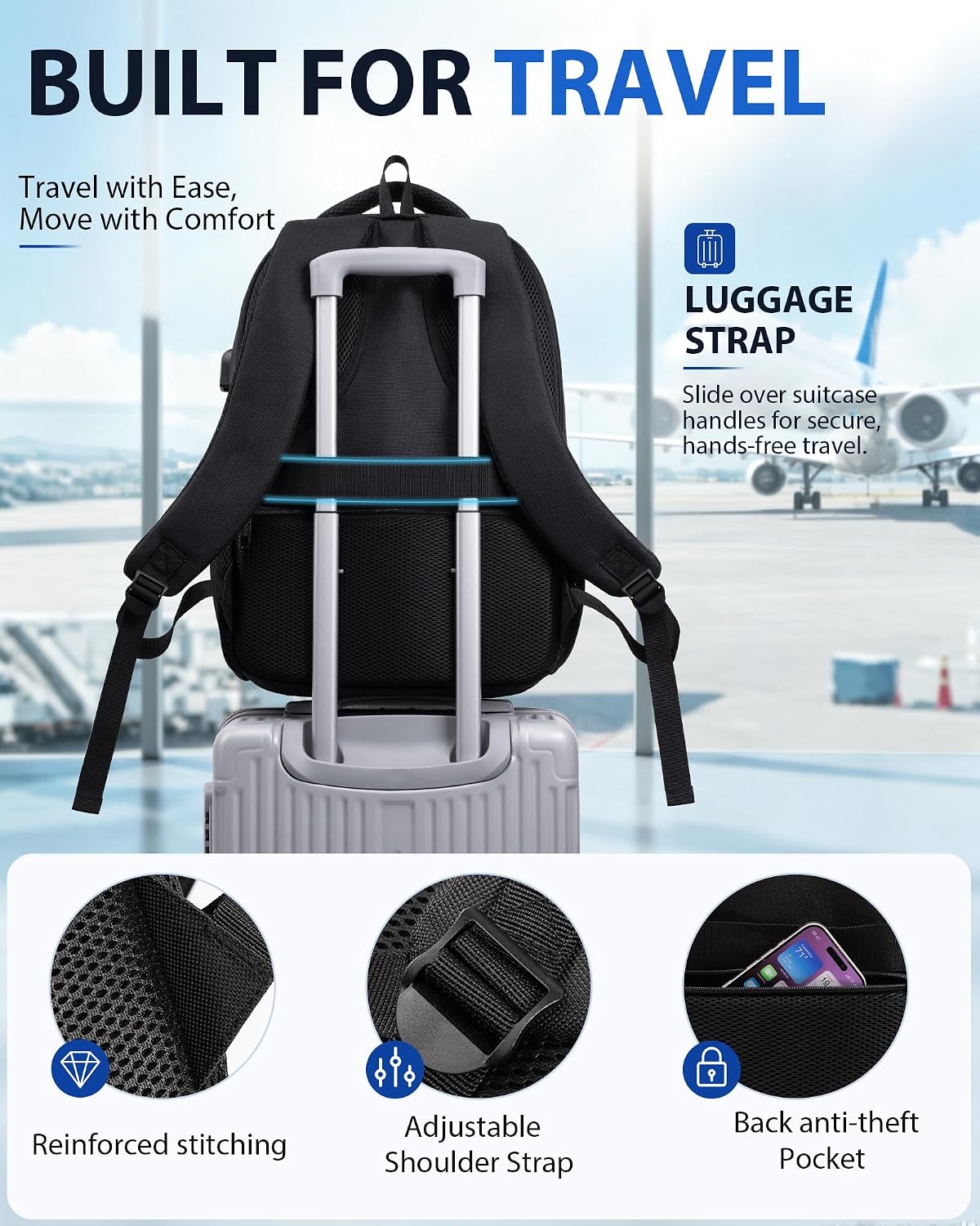 Detalle de FIBLUNOM 15.6-Inch Laptop Backpack with Reinforced Straps and 7 Zippered Pockets