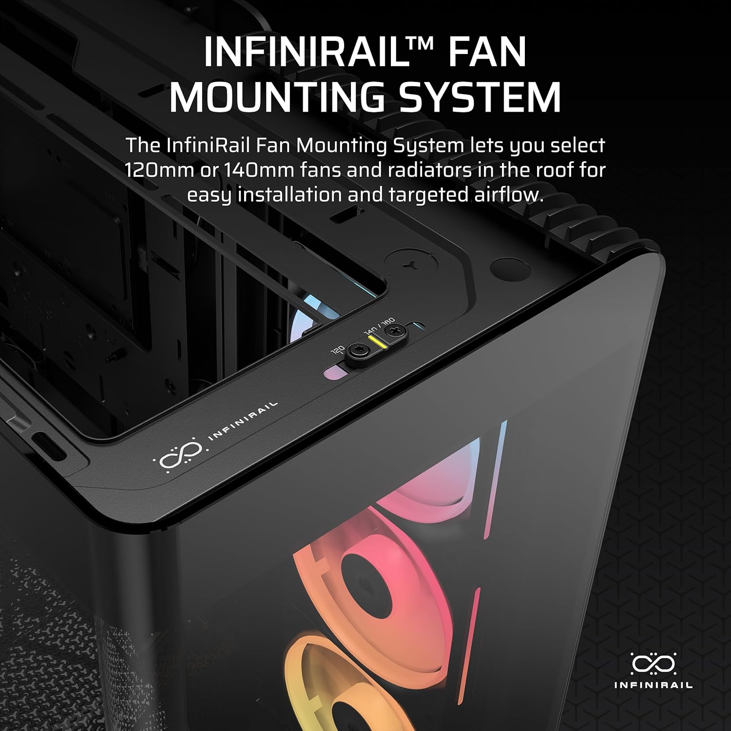 Detalle de Corsair FRAME 4500X LX-R RGB LINK Mid-Tower PC Case with InfiniRail, dual 360mm radiator support and 3x LX120R RGB LINK fans