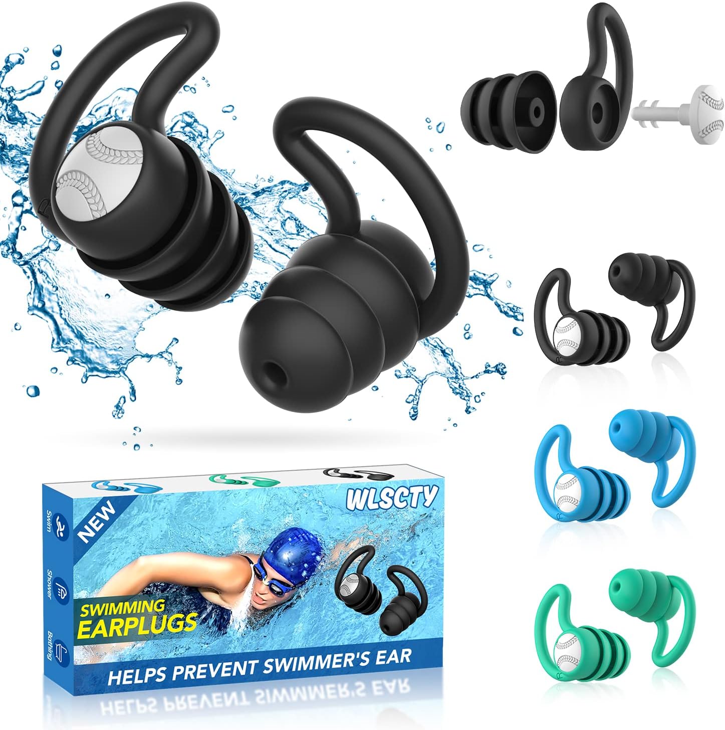 Lot de 3 paires de bouchons d’oreille WLSCTY en silicone souple (noir, bleu, vert) pour natation, douche et surf