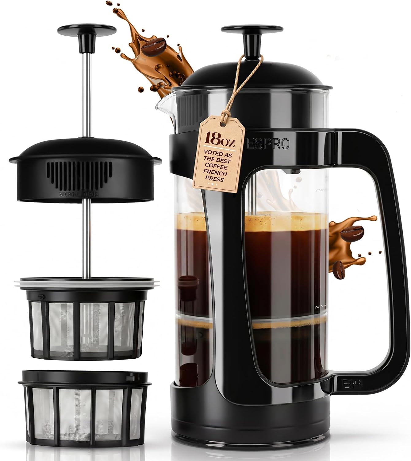 Detalle de ESPRO P3 1418C-BK presskanna i glas, 530 ml, svart med dubbelfilter